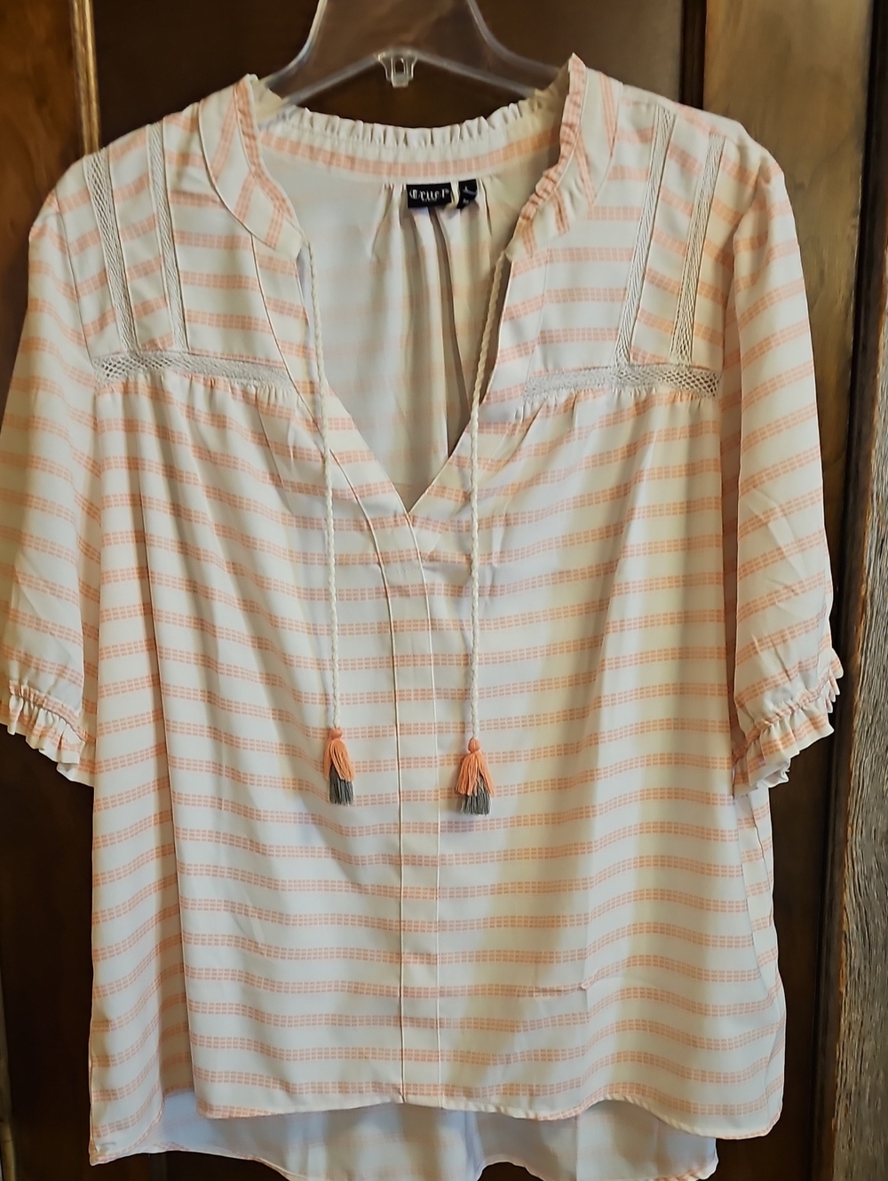 Cruel Girl Peach and Cream Striped Peasant Top